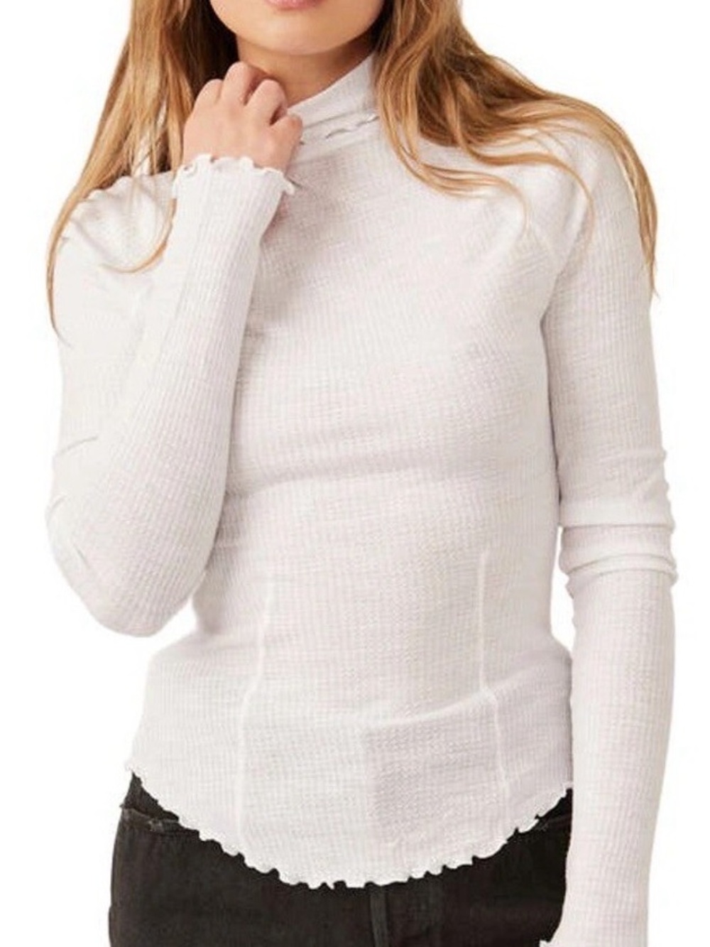 Free People White Ribbed Lettuce-Edge Mock Neck Long Sleeve Top